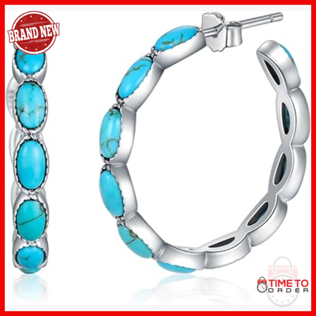 Sterling Silver Hoop Earrings With Genuine Turquoise 30mm